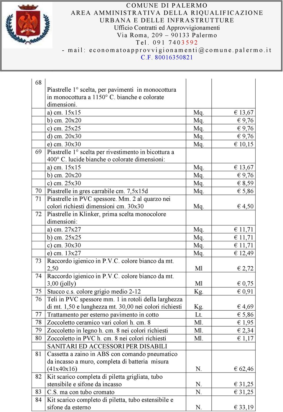 8,59 70 Piastrelle in gres carrabile cm. 7,5x15d Mq. 5,86 71 Piastrelle in PVC spessore. Mm. 2 al quarzo nei colori richiesti dimensioni cm. 30x30 Mq.