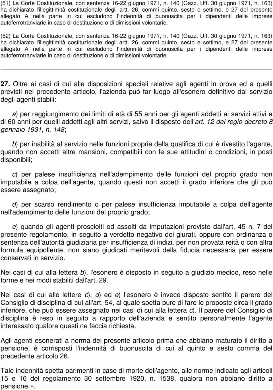 dimissioni volontarie. (52) La Corte Costituzionale, con sentenza 16-22 giugno 1971, n. 140 (Gazz. Uff. 30 giugno 1971, n. 163) ha dichiarato l'illegittimità costituzionale degli artt.