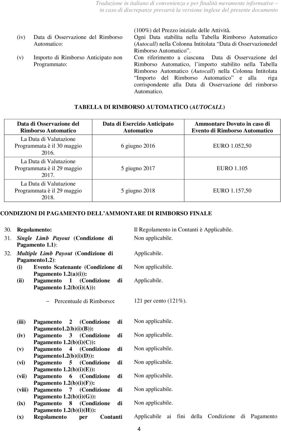 Con riferimento a ciascuna Data di Osservazione del Rimborso Automatico, l importo stabilito nella Tabella Rimborso Automatico (Autocall) nella Colonna Intitolata Importo del Rimborso Automatico e