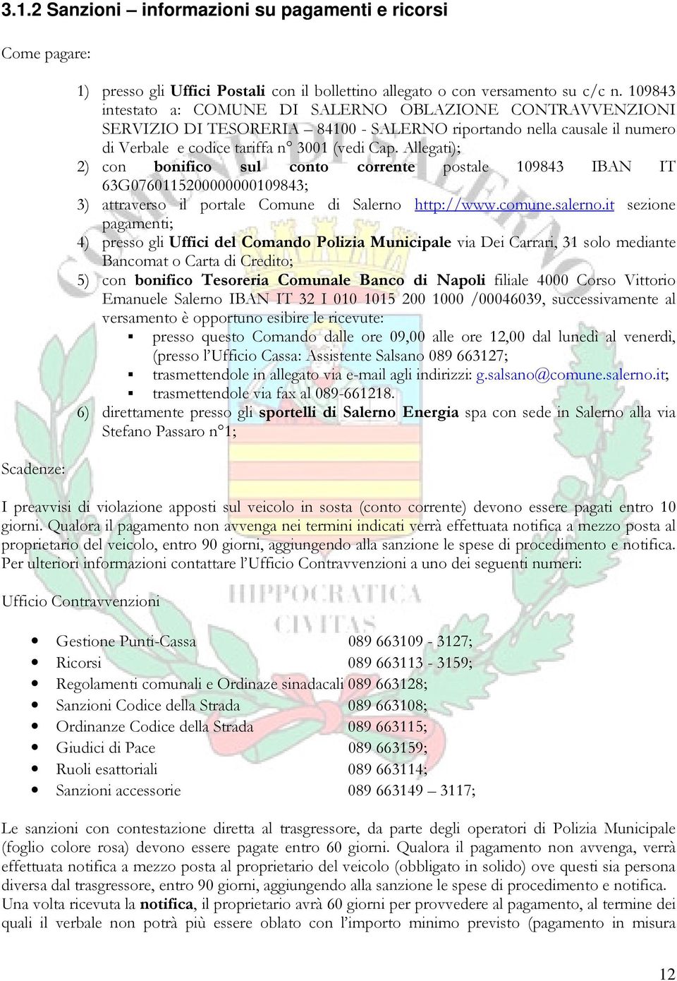 Allegati); 2) con bonifico sul conto corrente postale 109843 IBAN IT 63G0760115200000000109843; 3) attraverso il portale Comune di Salerno http://www.comune.salerno.