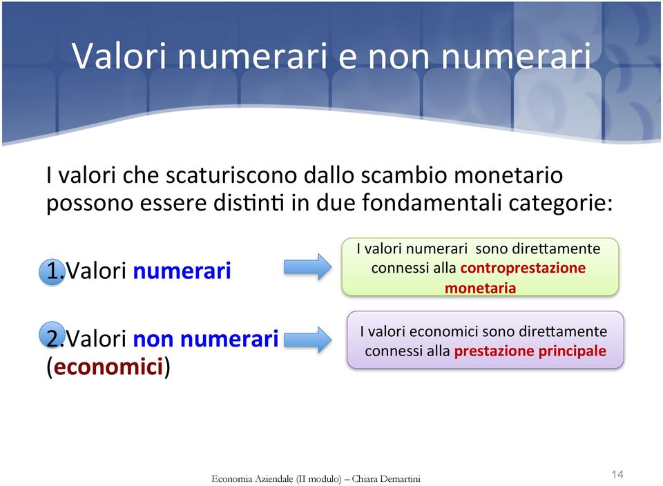 Valori non numerari (economici) I valori numerari sono dire%amente connessi alla