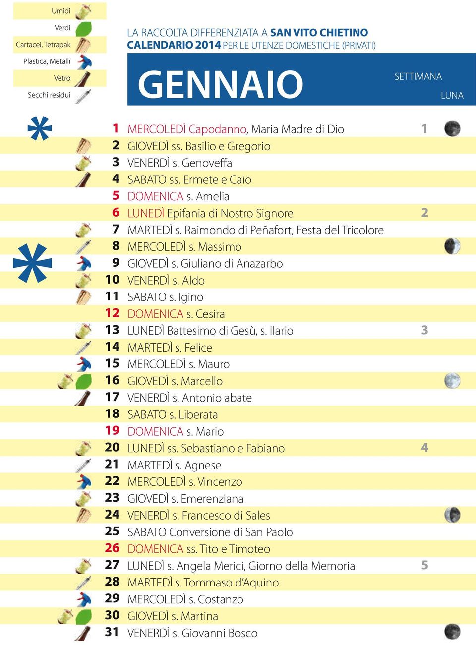 Felice MERCOLEDÌ s. Mauro GIOVEDÌ s. Marcello VENERDÌ s. Antonio abate SABATO s. Liberata DOMENICA s. Mario LUNEDÌ ss. Sebastiano e Fabiano MARTEDÌ s. Agnese MERCOLEDÌ s. Vincenzo GIOVEDÌ s.