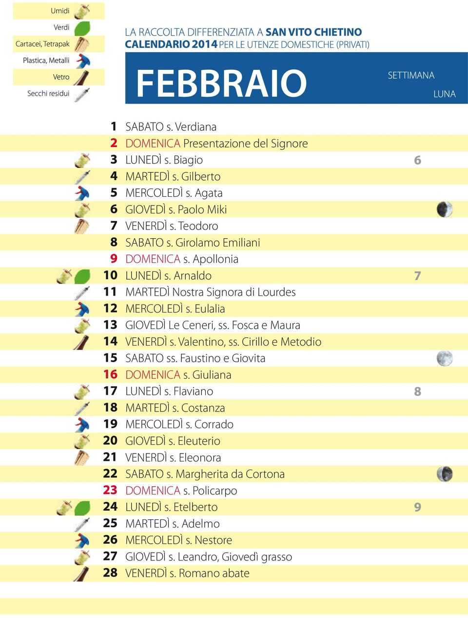 Valentino, ss. Cirillo e Metodio SABATO ss. Faustino e Giovita DOMENICA s. Giuliana LUNEDÌ s. Flaviano MARTEDÌ s. Costanza MERCOLEDÌ s. Corrado GIOVEDÌ s.