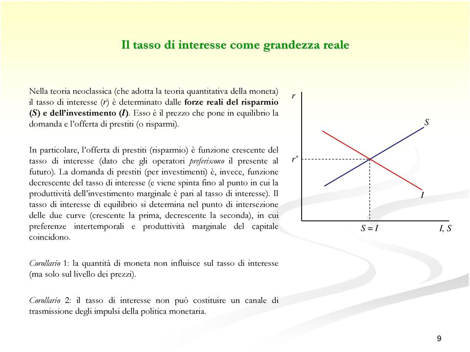 r S In particolare, l offerta di prestiti (risparmio) è funzione crescente del tasso di interesse (dato che gli operatori preferiscono il presente al futuro).