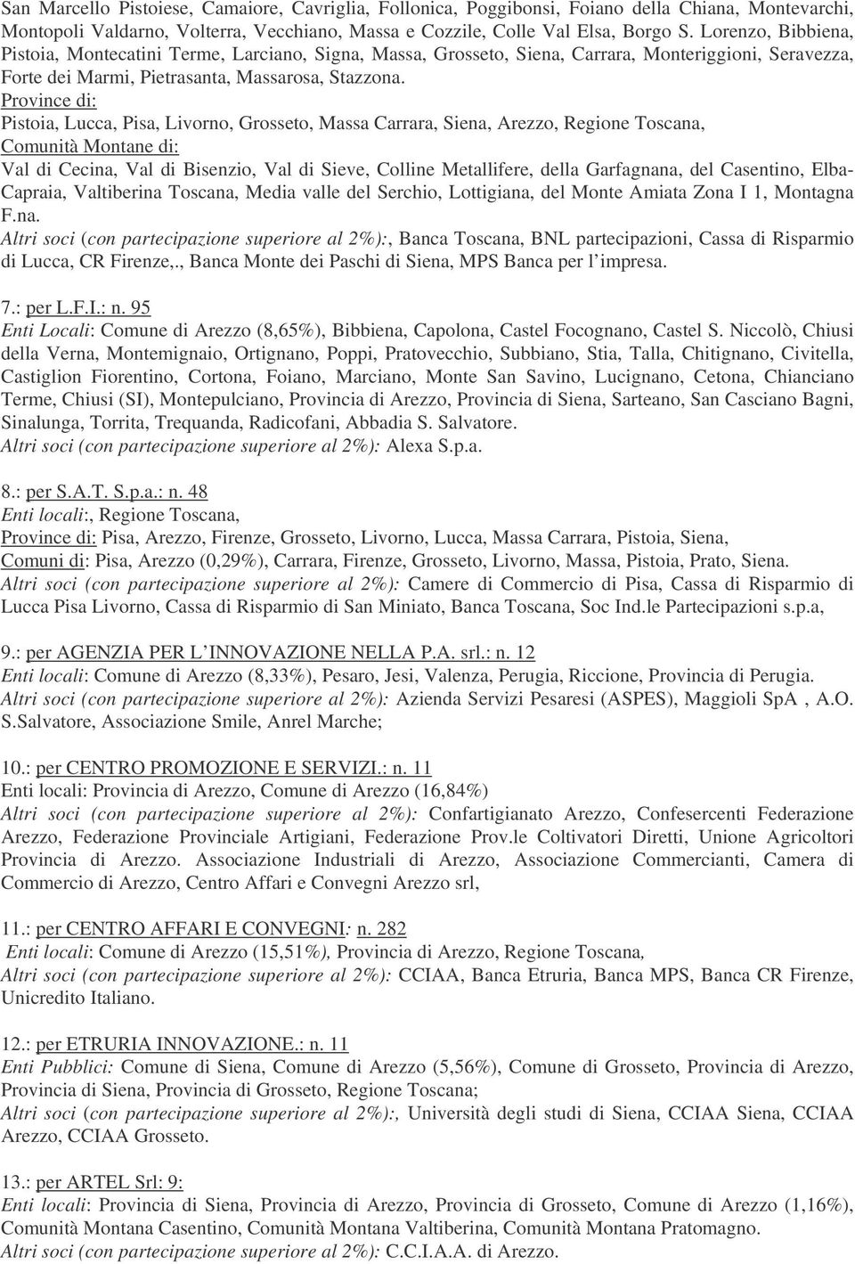 Province di: Pistoia, Lucca, Pisa, Livorno, Grosseto, Massa Carrara, Siena, Arezzo, Regione Toscana, Comunità Montane di: Val di Cecina, Val di Bisenzio, Val di Sieve, Colline Metallifere, della