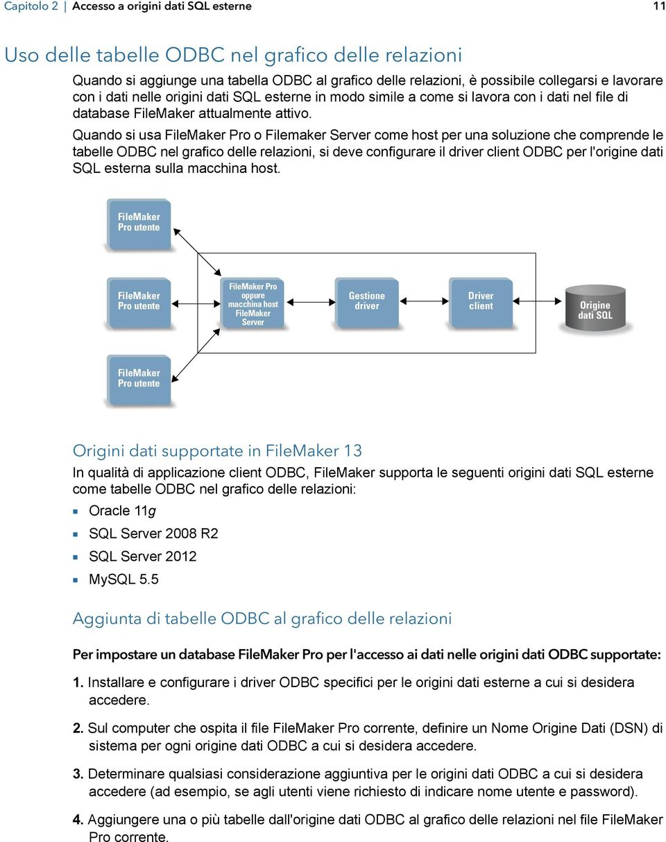 Quando si usa FileMaker Pro o Filemaker Server come host per una soluzione che comprende le tabelle ODBC nel grafico delle relazioni, si deve configurare il driver client ODBC per l'origine dati SQL