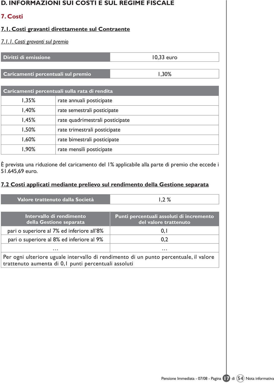 1. Costi gravanti sul premio Diritti di emissione 10,33 euro Caricamenti percentuali sul premio 1,30% Caricamenti percentuali sulla rata di rendita 1,35% rate annuali posticipate 1,40% rate