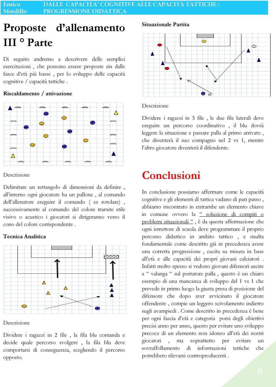 Riscaldamento / attivazione Situazionale Partita Descrizione Dividere i ragazzi in 3 file, le due file laterali deve eseguire un percorso coordinativo, il blu dovrà leggere la situazione e passare