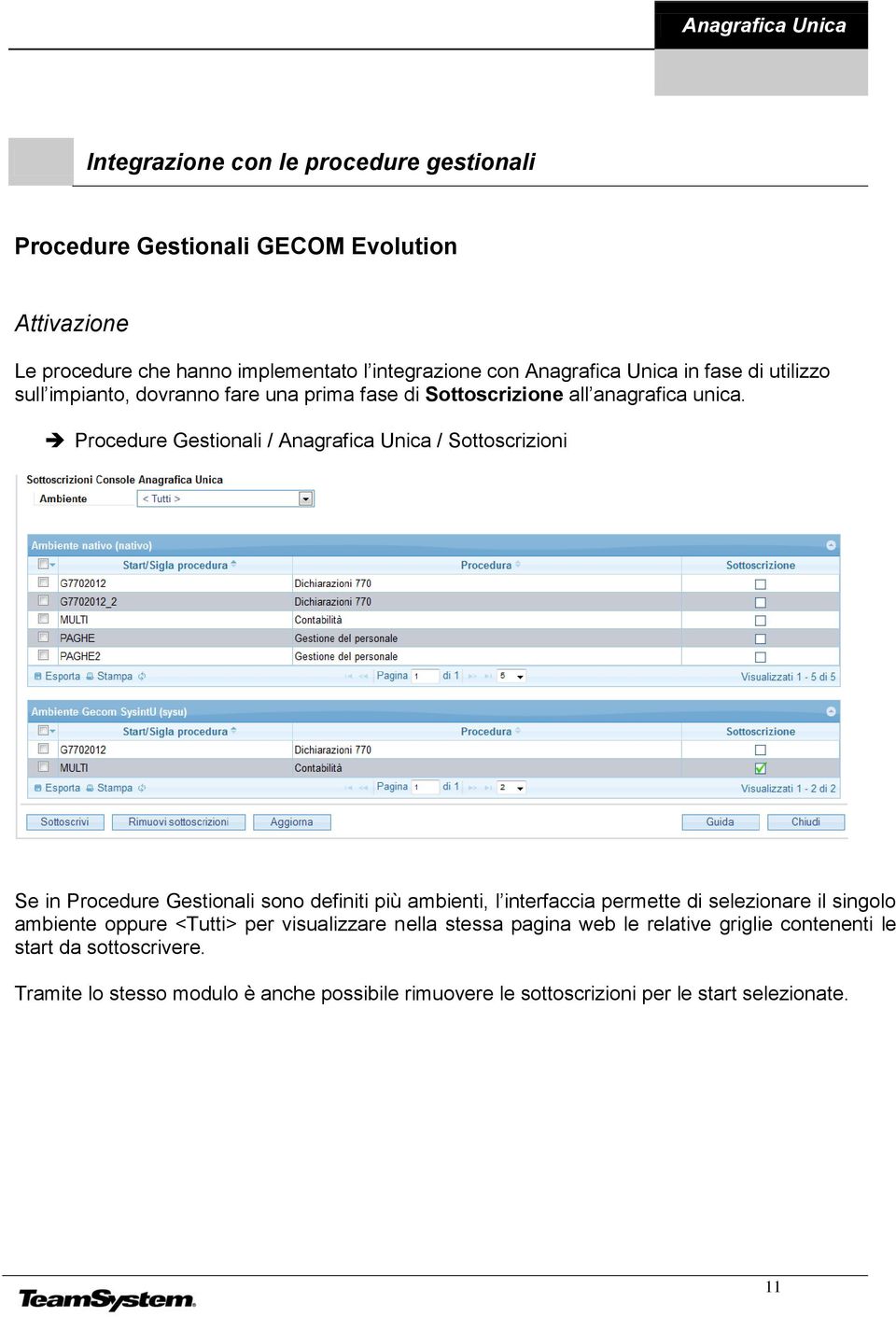 Procedure Gestionali / Anagrafica Unica / Sottoscrizioni Se in Procedure Gestionali sono definiti più ambienti, l interfaccia permette di selezionare il singolo