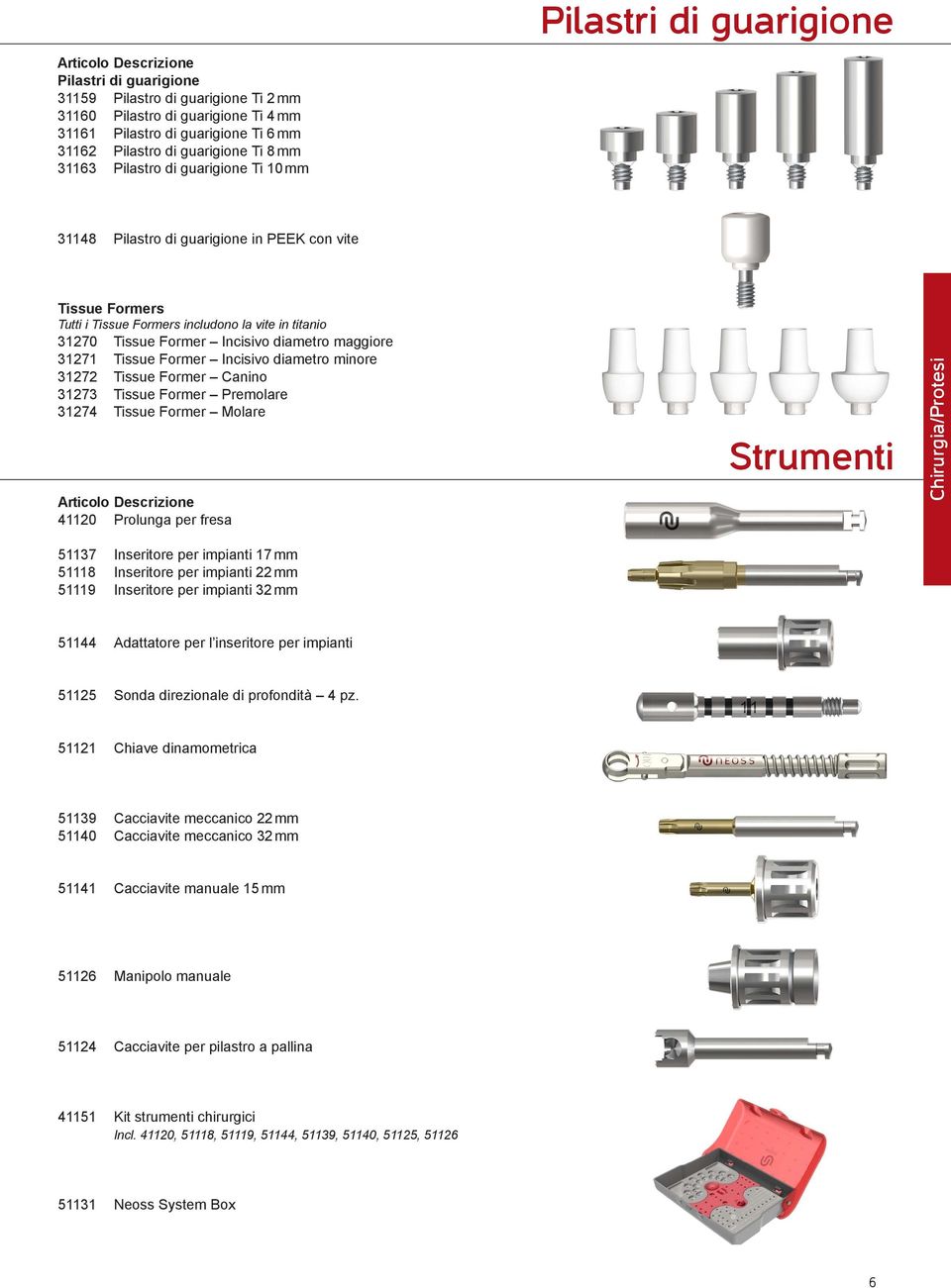 Tissue Former Incisivo diametro minore 31272 Tissue Former Canino 31273 Tissue Former Premolare 31274 Tissue Former Molare 41120 Prolunga per fresa Strumenti Chirurgia/Protesi 51137 Inseritore per