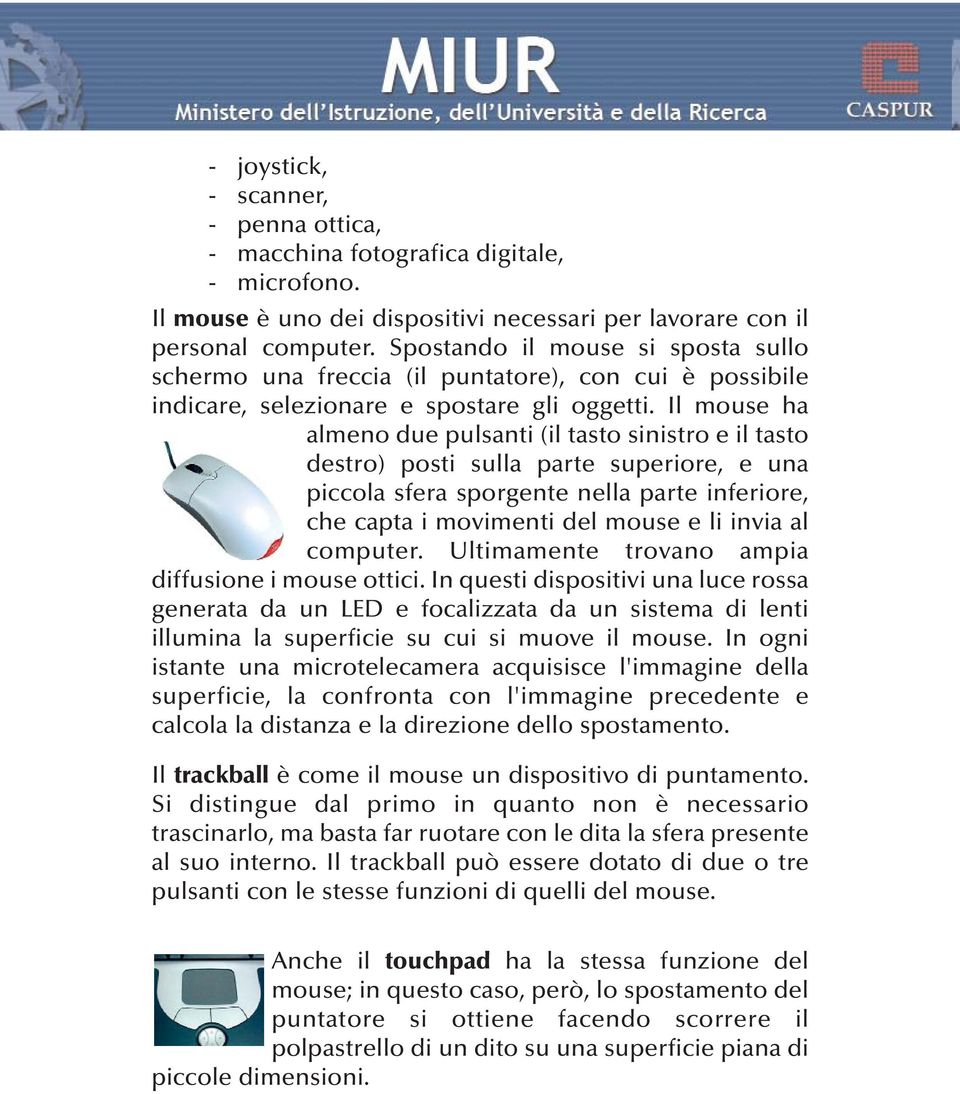 Il mouse ha almeno due pulsanti (il tasto sinistro e il tasto destro) posti sulla parte superiore, e una piccola sfera sporgente nella parte inferiore, che capta i movimenti del mouse e li invia al