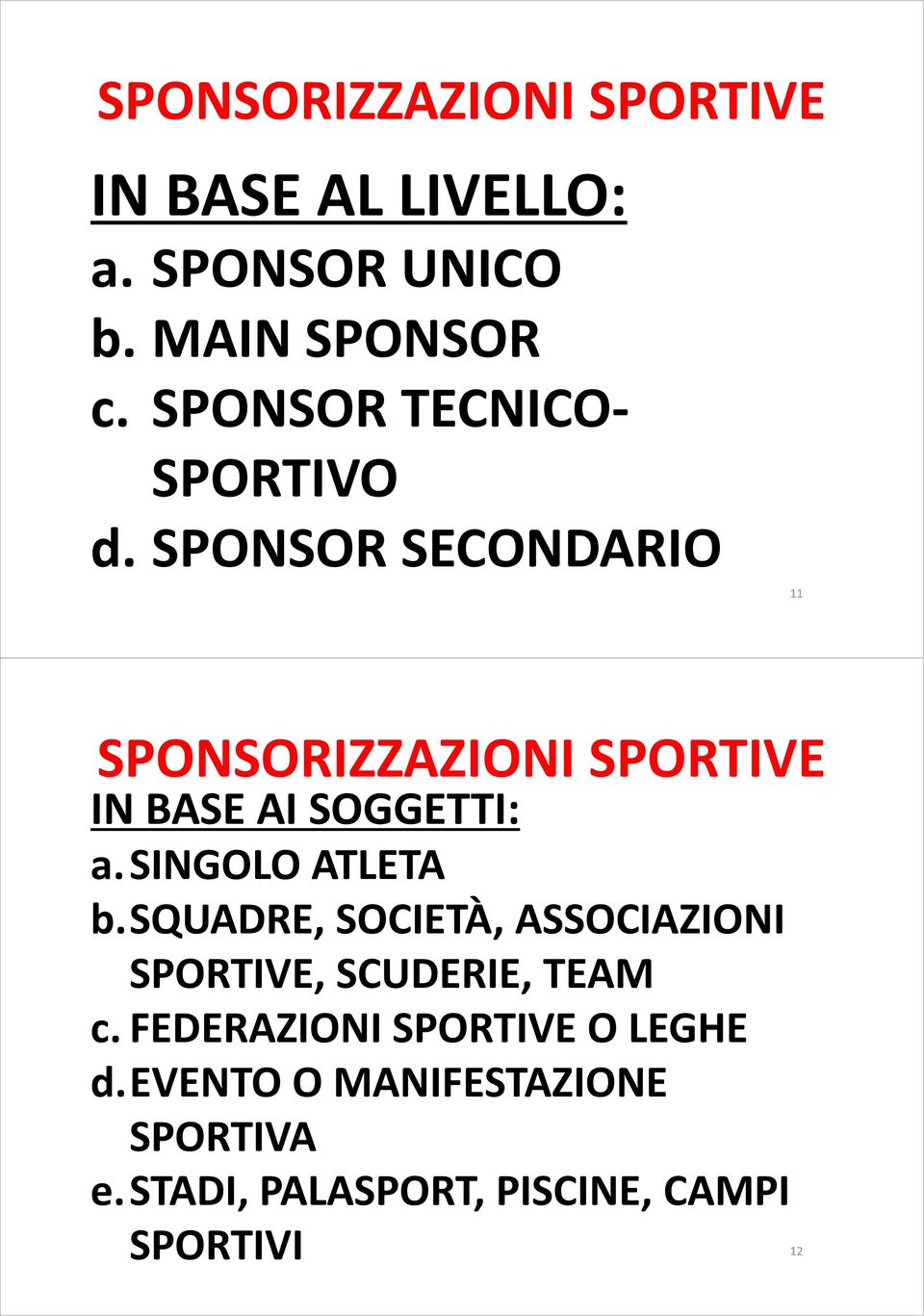 sponsor SECONDARIO 11 SPONSORIZZAZIONI SPORTIVE IN BASE AI SOGGETTI: a.singolo ATLETA b.