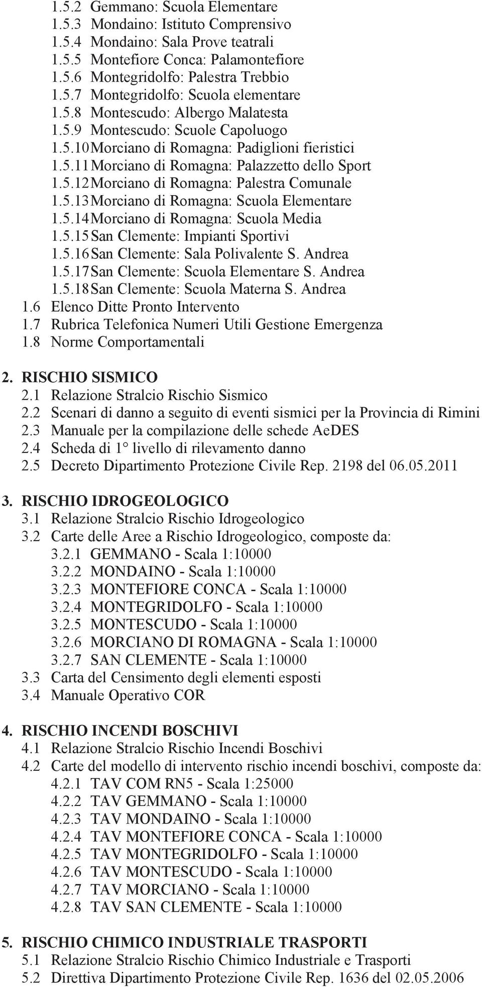 5.13 Morciano di Romagna: Scuola Elementare 1.5.14 Morciano di Romagna: Scuola Media 1.5.15 San Clemente: Impianti Sportivi 1.5.16 San Clemente: Sala Polivalente S. Andrea 1.5.17 San Clemente: Scuola Elementare S.