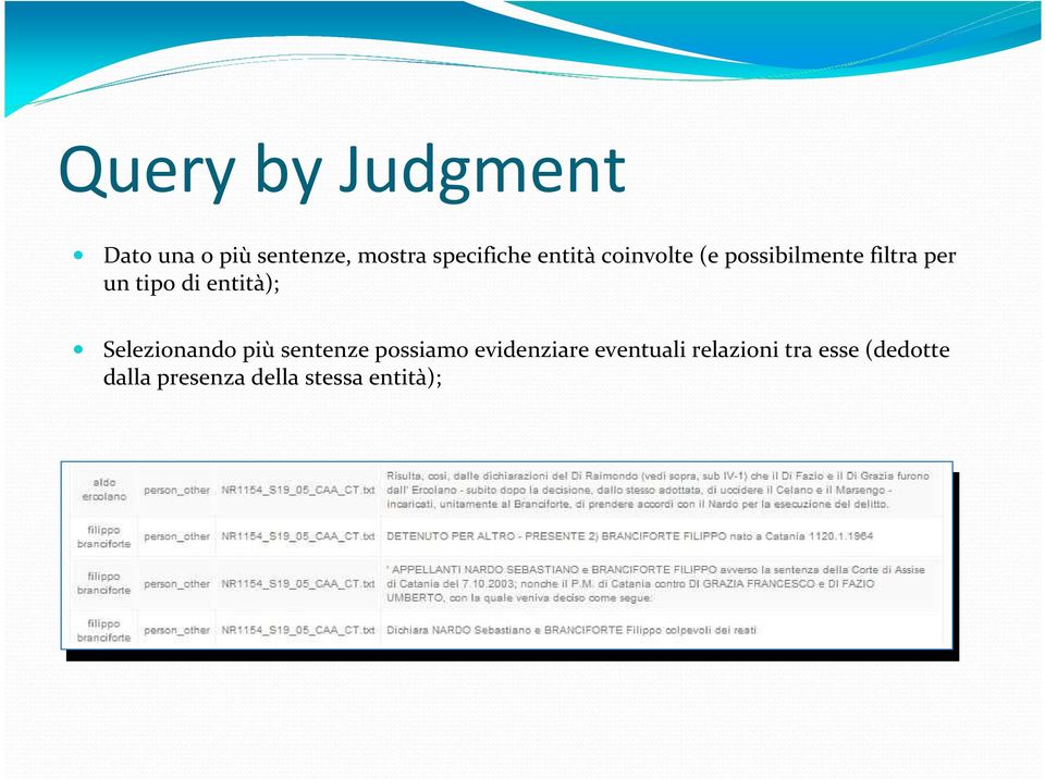 entità); Selezionando più sentenze possiamo evidenziare