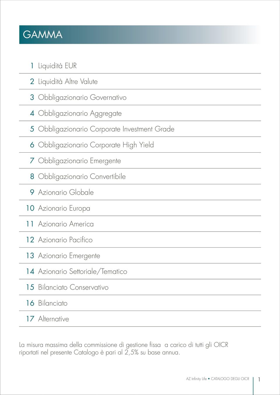 America 12 Azionario Pacifico 13 Azionario Emergente 14 Azionario Settoriale/Tematico 15 Bilanciato Conservativo 16 Bilanciato 17 Alternative La misura