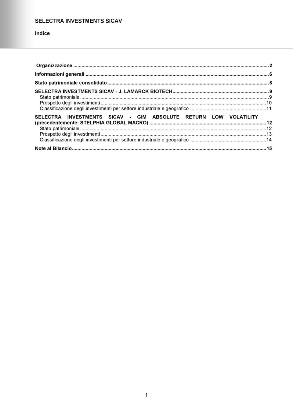 .. 11 SELECTRA INVESTMENTS SICAV - GIM ABSOLUTE RETURN LOW VOLATILITY (precedentemente: STELPHIA GLOBAL MACRO)... 12 Stato patrimoniale.