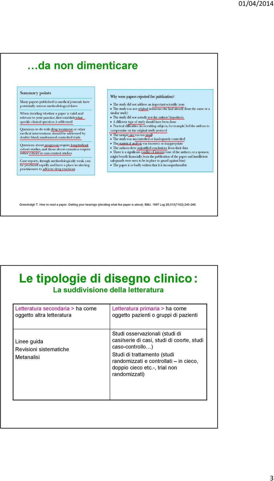 > ha come oggetto pazienti o gruppi di pazienti Linee guida Revisioni sistematiche Metanalisi Studi osservazionali (studi di casi/serie di casi,