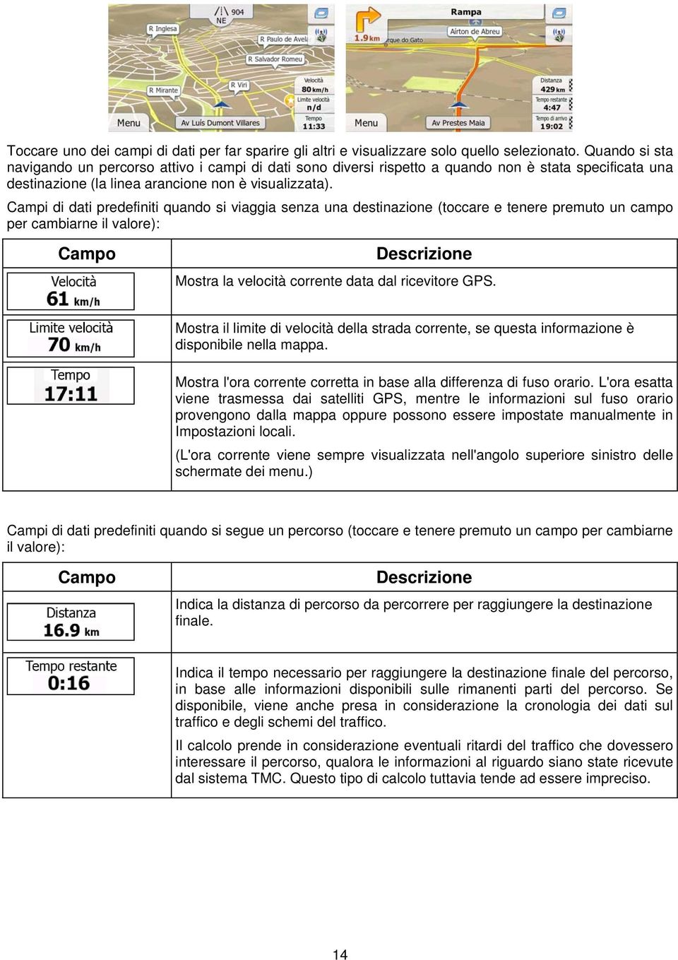 Campi di dati predefiniti quando si viaggia senza una destinazione (toccare e tenere premuto un campo per cambiarne il valore): Campo Descrizione Mostra la velocità corrente data dal ricevitore GPS.