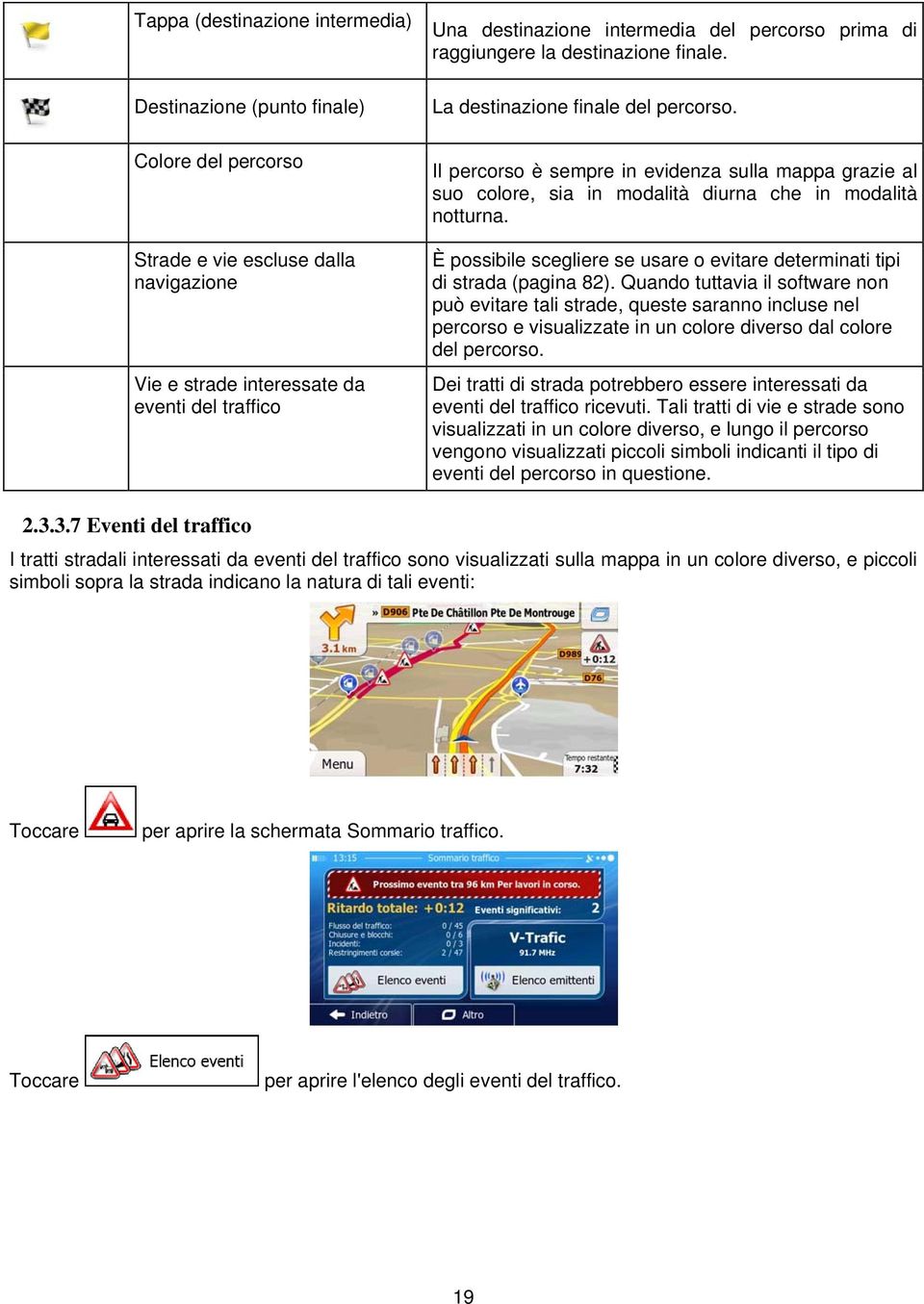 Il percorso è sempre in evidenza sulla mappa grazie al suo colore, sia in modalità diurna che in modalità notturna. È possibile scegliere se usare o evitare determinati tipi di strada (pagina 82).