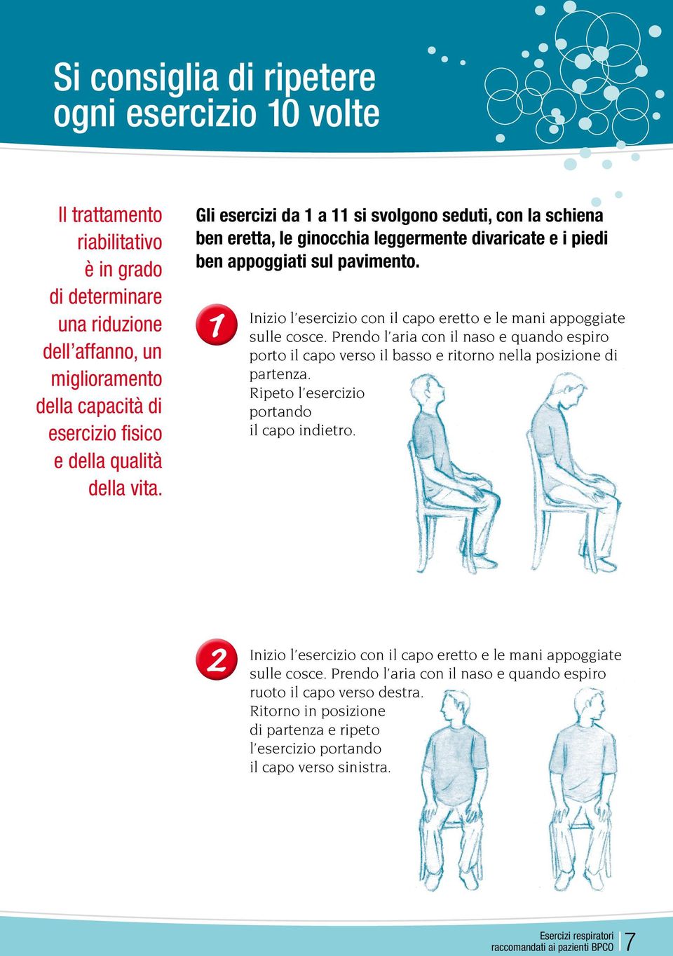 1 Inizio l esercizio con il capo eretto e le mani appoggiate sulle cosce. Prendo l aria con il naso e quando espiro porto il capo verso il basso e ritorno nella posizione di partenza.