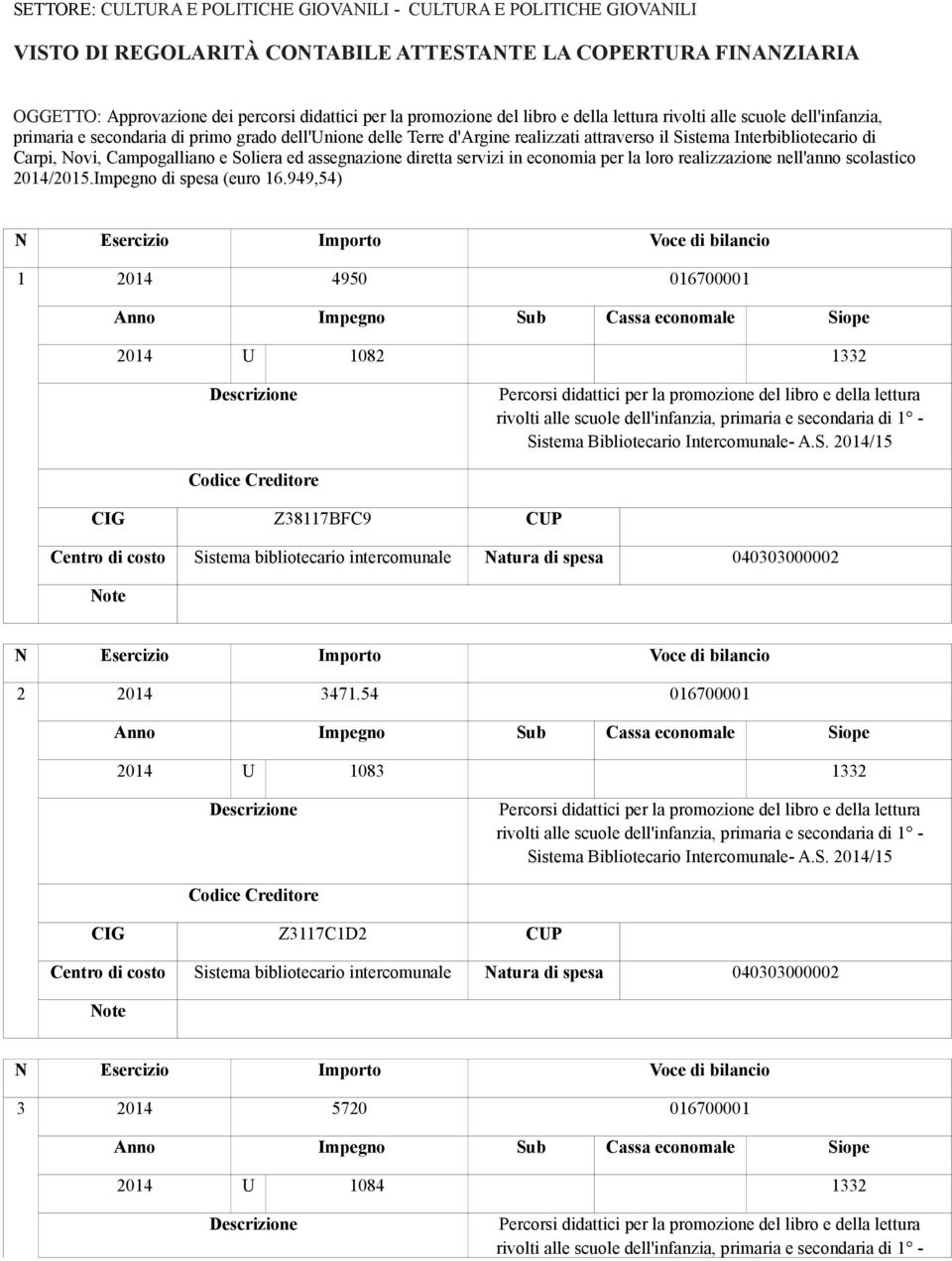 Campogalliano e Soliera ed assegnazione diretta servizi in economia per la loro realizzazione nell'anno scolastico 2014/2015.Impegno di spesa (euro 16.