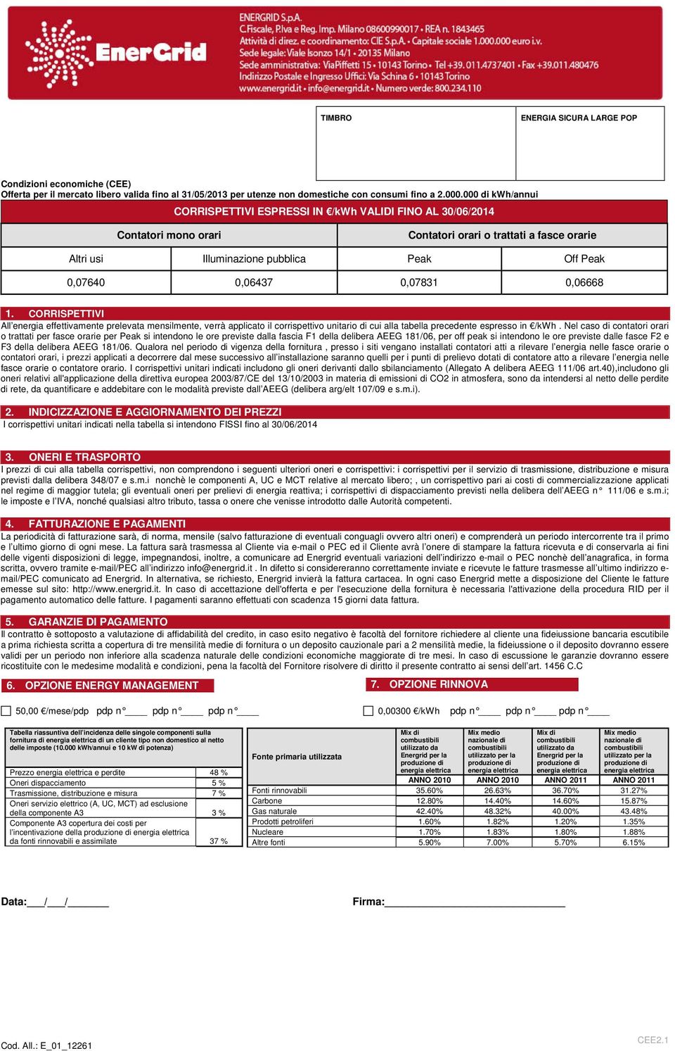 0,07831 0,06668 1. CORRISPETTIVI All energia effettivamente prelevata mensilmente, verrà applicato il corrispettivo unitario di cui alla tabella precedente espresso in /kwh.