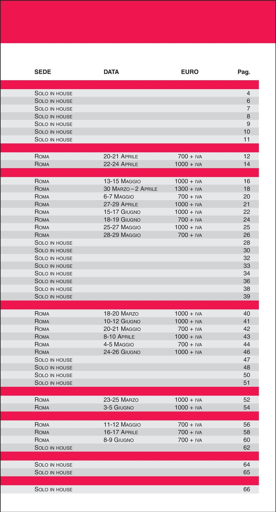 + IVA 16 ROMA 30 MARZO 2 APRILE 1300 + IVA 18 ROMA 6-7 MAGGIO 700 + IVA 20 ROMA 27-29 APRILE 1000 + IVA 21 ROMA 15-17 GIUGNO 1000 + IVA 22 ROMA 18-19 GIUGNO 700 + IVA 24 ROMA 25-27 MAGGIO 1000 + IVA