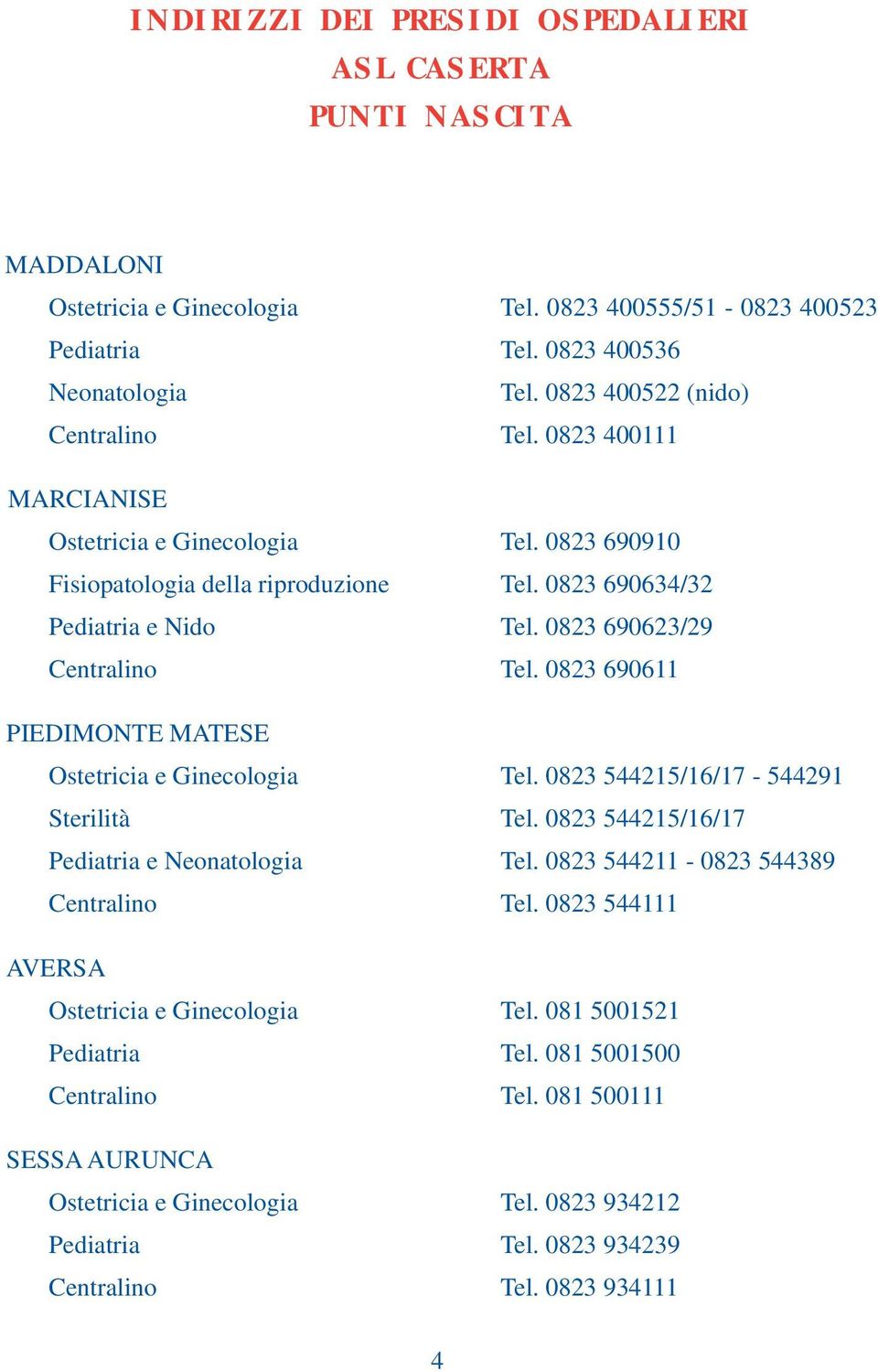 0823 690623/29 Centralino Tel. 0823 690611 PIEDIMONTE MATESE Ostetricia e Ginecologia Tel. 0823 544215/16/17-544291 Sterilità Tel. 0823 544215/16/17 Pediatria e Neonatologia Tel.