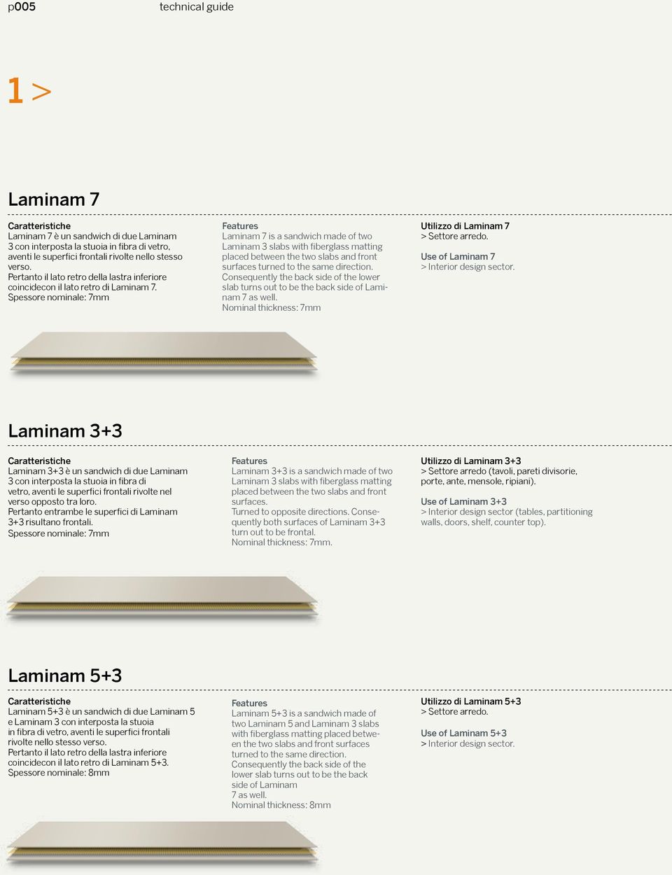 Spessore nominale: 7mm Features Laminam 7 is a sandwich made of two Laminam 3 slabs with fiberglass matting placed between the two slabs and front surfaces turned to the same direction.