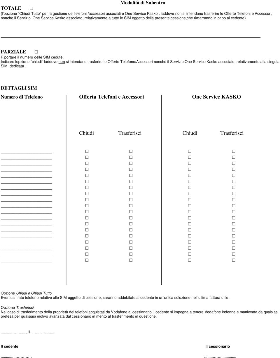 Indicare lopzione chiudi laddove non si intendano trasferire le Offerte Telefono/Accessori nonchè il Servizio One Service Kasko associato, relativamente alla singola SIM dedicata.