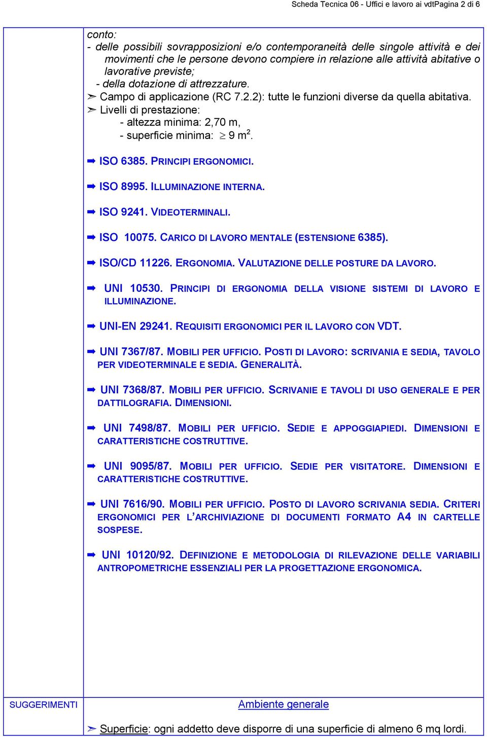 Livelli di prestazione: - altezza minima: 2,70 m, - superficie minima: 9 m 2. ISO 6385. PRINCIPI ERGONOMICI. ISO 8995. ILLUMINAZIONE INTERNA. ISO 9241. VIDEOTERMINALI. ISO 10075.