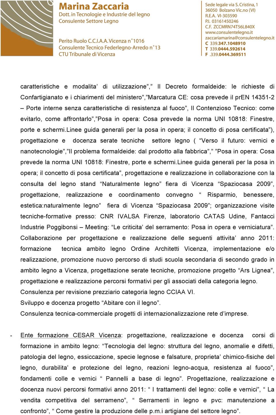 linee guida generali per la posa in opera; il concetto di posa certificata ), progettazione e docenza serate tecniche settore legno ( Verso il futuro: vernici e nanotecnologie, Il problema