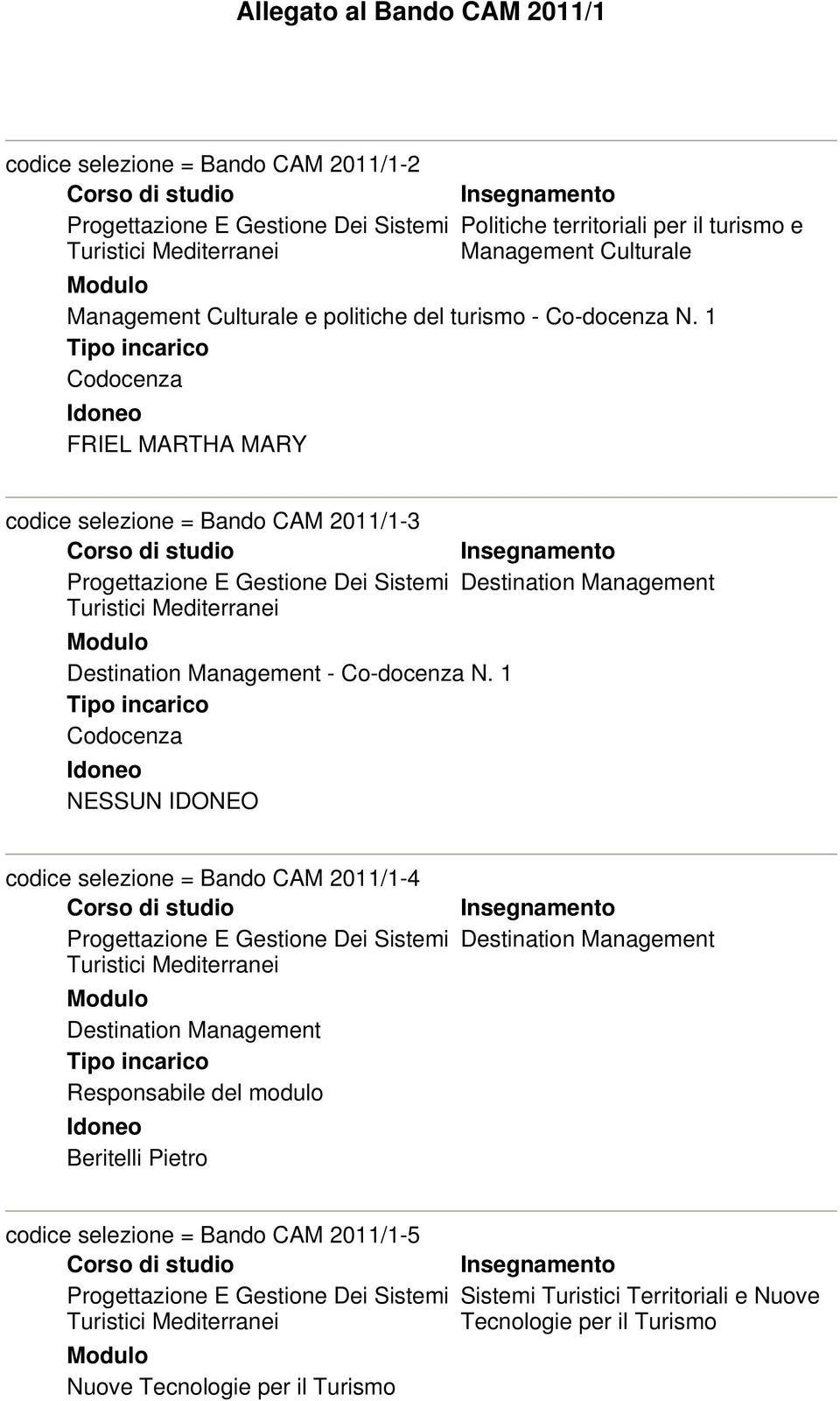 1 FRIEL MARTHA MARY codice selezione = Bando CAM 2011/1-3 Progettazione E Gestione Dei Sistemi Destination Management Destination Management - Co-docenza N.