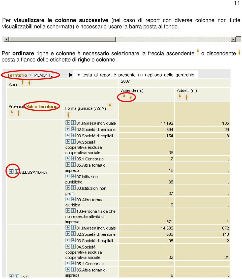 Per ordinare righe e colonne è necessario selezionare la freccia ascendente posta a fianco