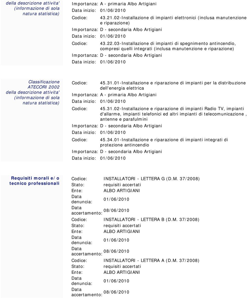 03-Installazione di impianti di spegnimento antincendio, compresi quelli integrati (inclusa manutenzione e riparazione) Importanza: D - secondaria Albo Artigiani inizio: 01/06/2010 ATECORI 2002 della