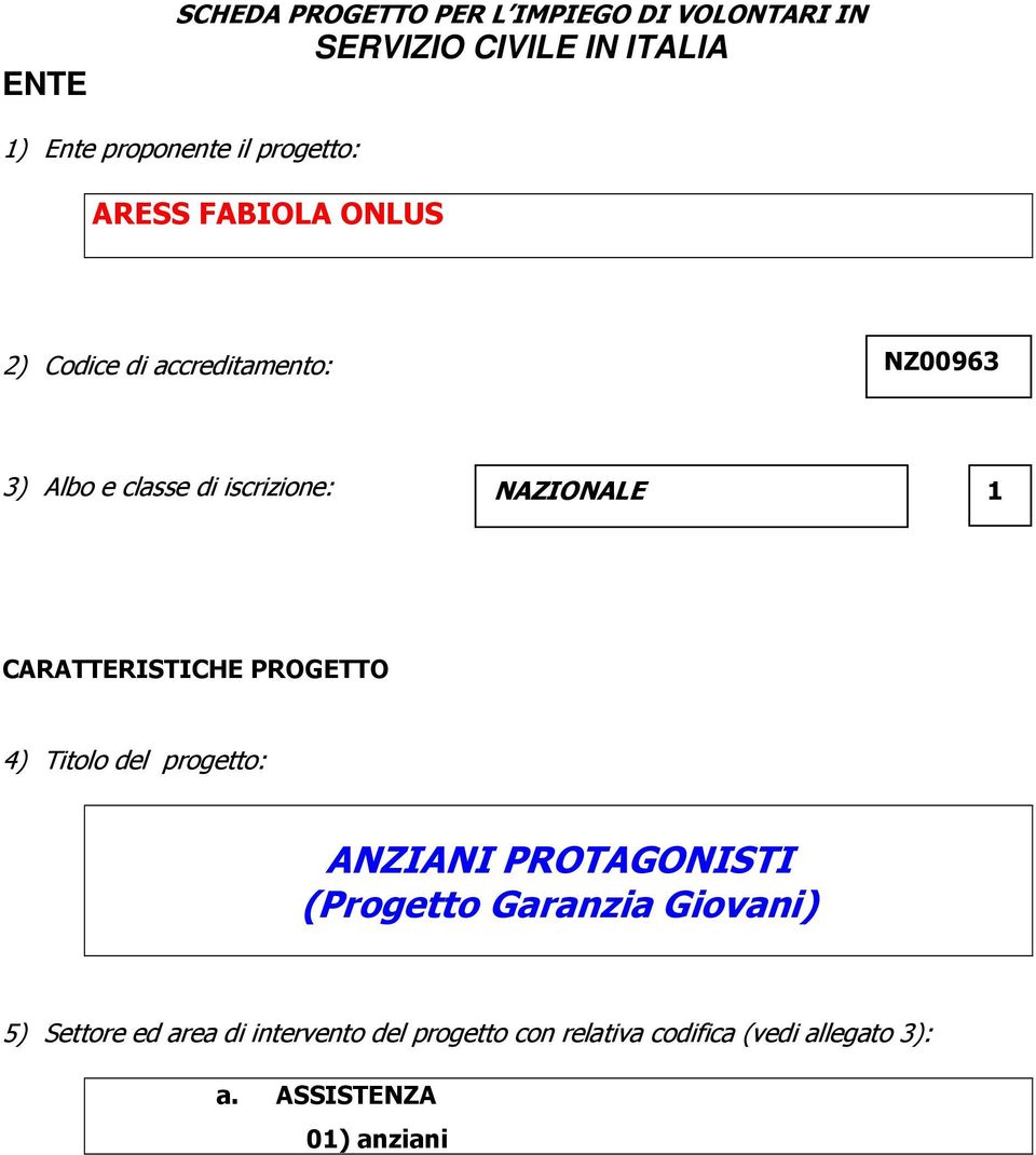 NAZIONALE 1 CARATTERISTICHE PROGETTO 4) Titolo del progetto: ANZIANI PROTAGONISTI (Progetto Garanzia