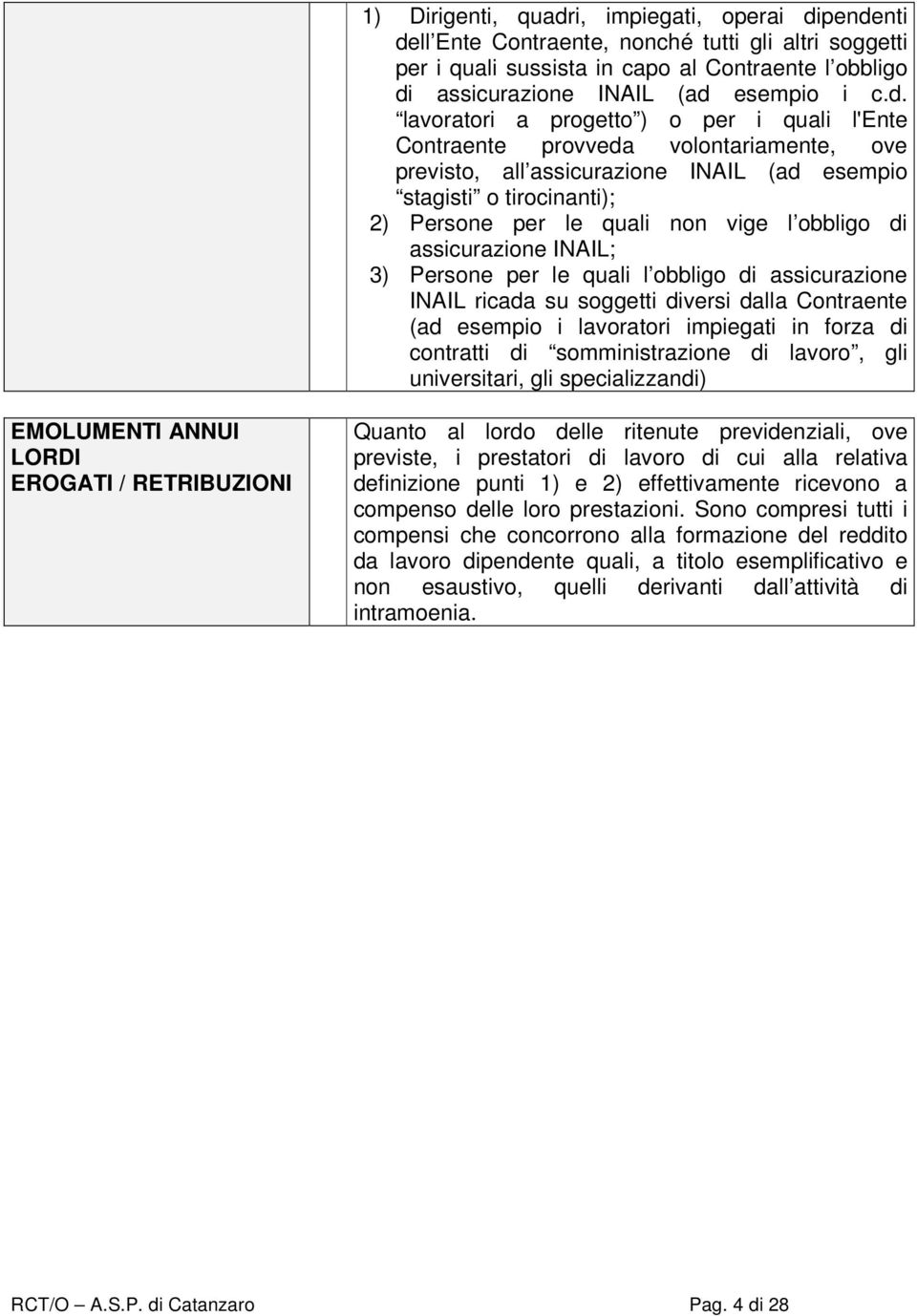 pendenti dell Ente Contraente, nonché tutti gli altri soggetti per i quali sussista in capo al Contraente l obbligo di assicurazione INAIL (ad esempio i c.d. lavoratori a progetto ) o per i quali