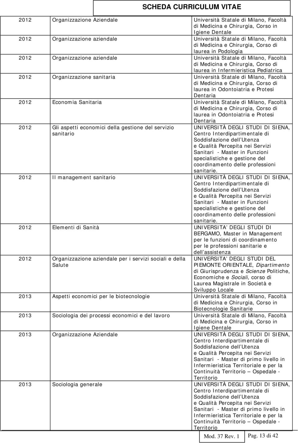 sanitaria Università Statale di Milano, Facoltà di Medicina e Chirurgia, Corso di laurea in Odontoiatria e Protesi Dentaria 2012 Economia Sanitaria Università Statale di Milano, Facoltà di Medicina e