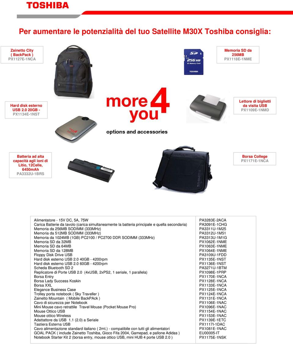 75W Carica Batterie da tavolo (carica simultaneamente la batteria principale e quella secondaria) Memoria da 256MB SODIMM (333MHz) Memoria da 512MB SODIMM (333MHz) Memoria da 1024MB (1GB) PC2100 /