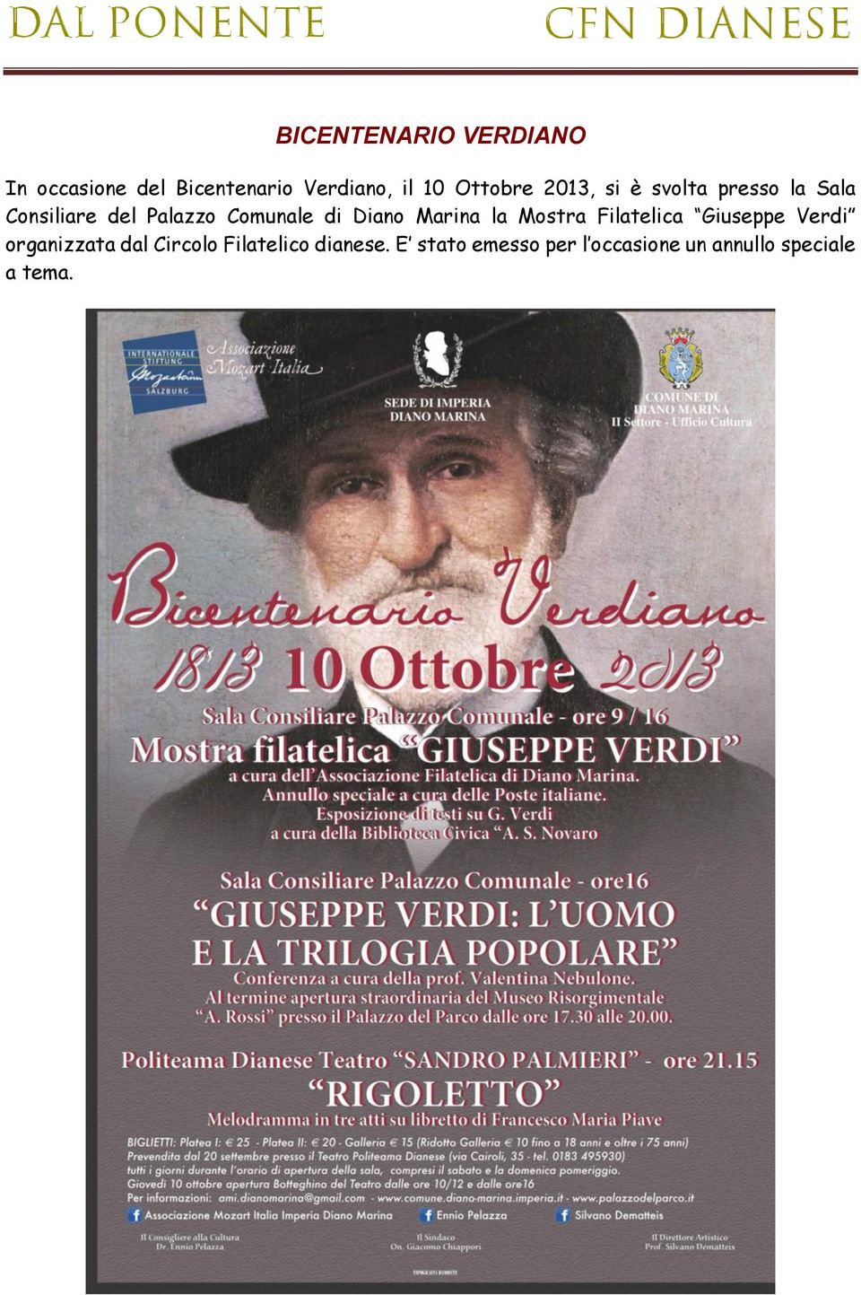 di Diano Marina la Mostra Filatelica Giuseppe Verdi organizzata dal