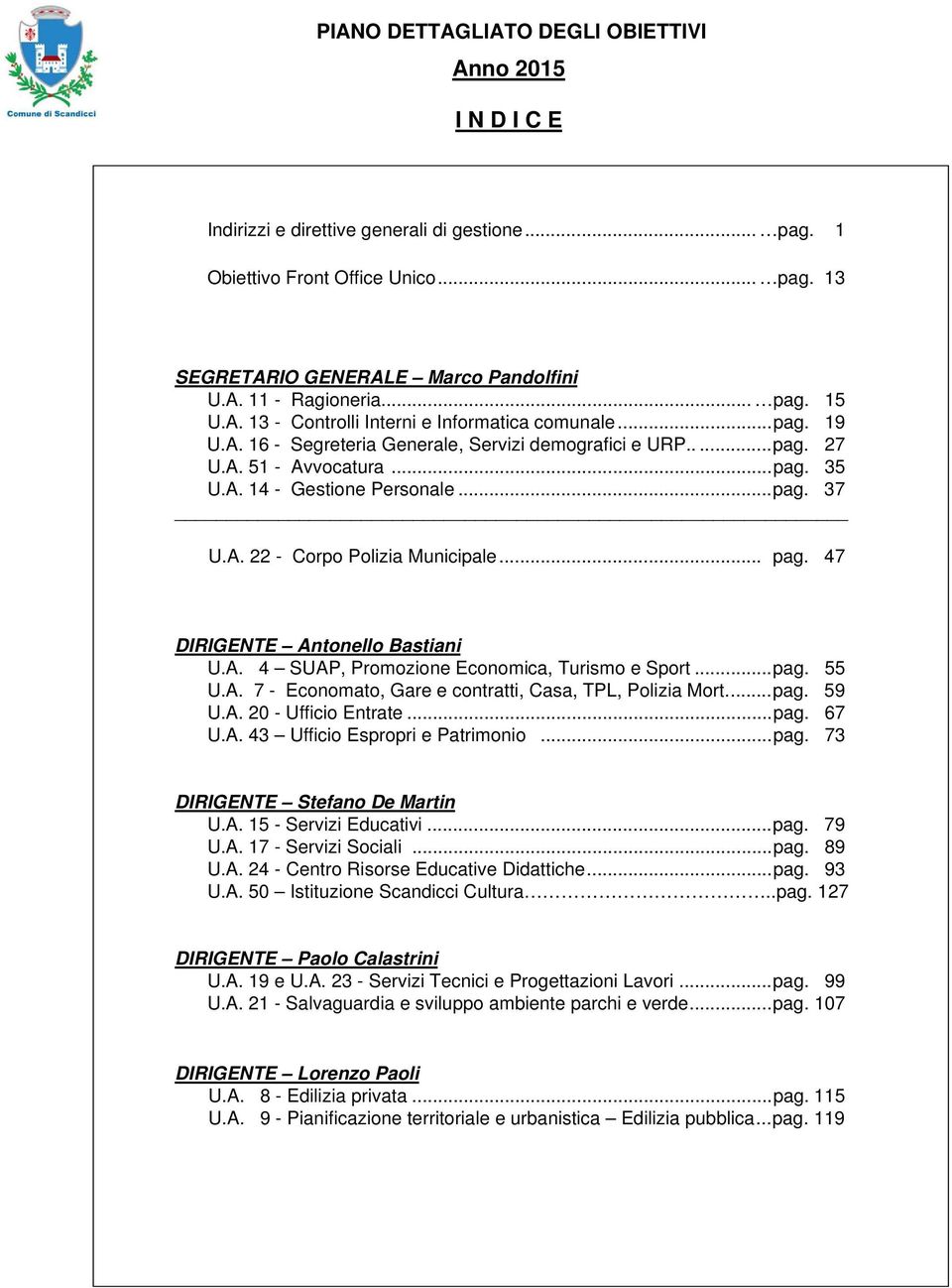 ..pag. 37 U.A. 22 - Corpo Polizia Municipale... pag. 47 DIRIGENTE Antonello Bastiani U.A. 4 SUAP, Promozione Economica, Turismo e Sport...pag. 55 U.A. 7 - Economato, Gare e contratti, Casa, TPL, Polizia Mort.