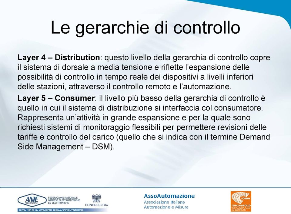 Layer 5 Consumer: il livello più basso della gerarchia di controllo è quello in cui il sistema di distribuzione si interfaccia col consumatore.