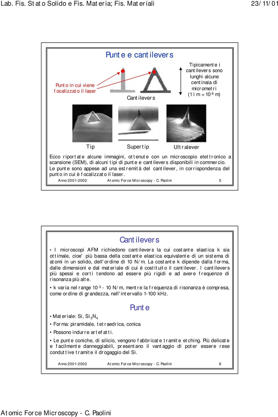 Le punte sono appese ad una estremità del cantilever, in corrispondenza del punto in cui è focalizzato il laser.