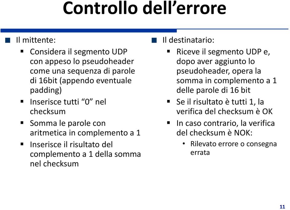 nel checksum Il destinatario: Riceve il segmento UDP e, dopo aver aggiunto lo pseudoheader, opera la somma in complemento a 1 delle parole di 16