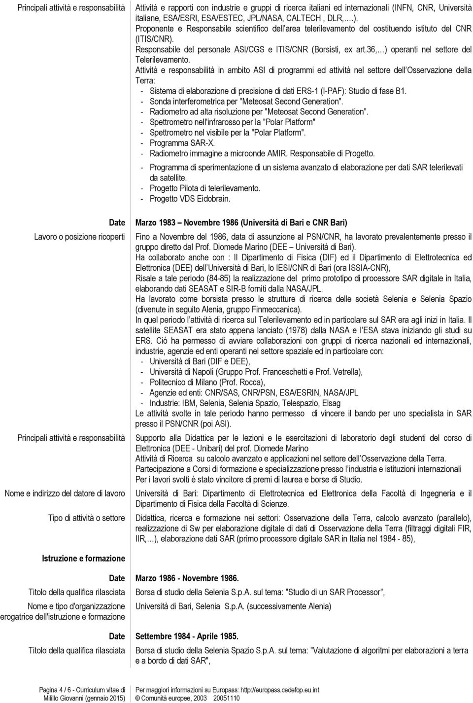 Proponente e Responsabile scientifico dell area telerilevamento del costituendo istituto del CNR (ITIS/CNR). Responsabile del personale ASI/CGS e ITIS/CNR (Borsisti, ex art.