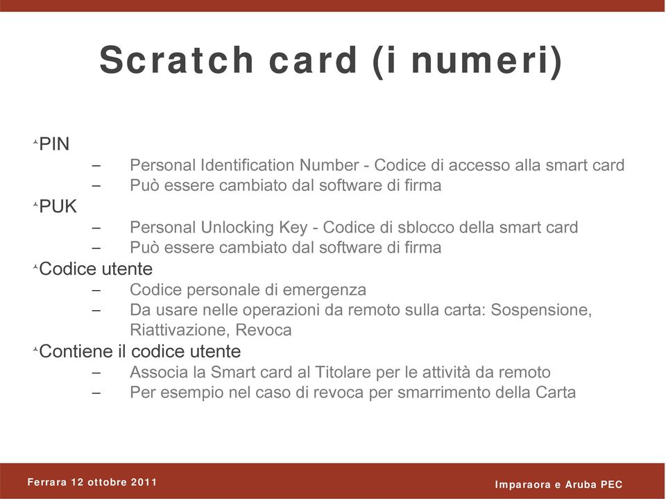 Codice personale di emergenza Da usare nelle operazioni da remoto sulla carta: Sospensione, Riattivazione, Revoca Contiene il