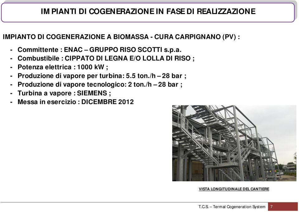 - Combustibile : CIPPATO DI LEGNA E/O LOLLA DI RISO ; - Potenza elettrica : 1000 kw ; - Produzione di vapore per turbina: