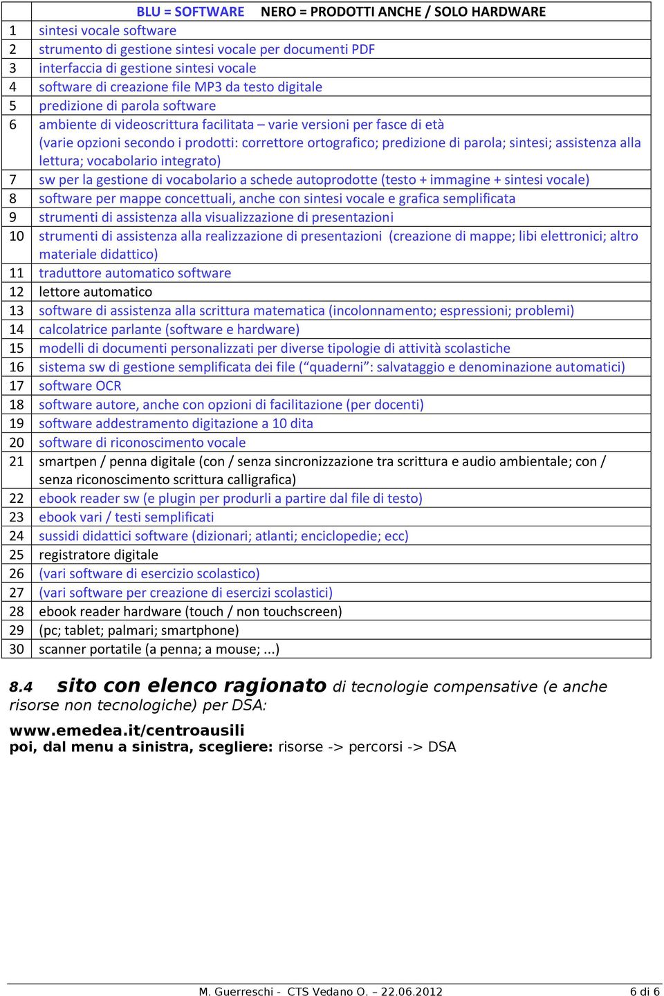 predizione di parola; sintesi; assistenza alla lettura; vocabolario integrato) 7 sw per la gestione di vocabolario a schede autoprodotte (testo + immagine + sintesi vocale) 8 software per mappe