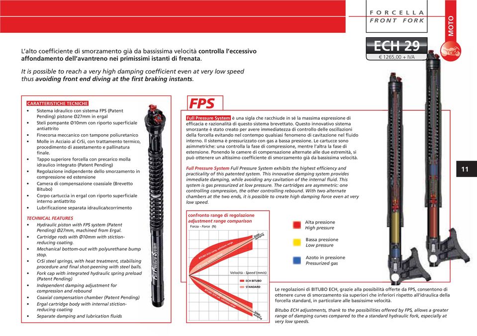 CARATTERISTICHE TECNICHE Sistema idraulico con sistema FPS (Patent Pending) pistone Ø27mm in ergal Steli pompante Ø10mm con riporto superficiale antiattrito Finecorsa meccanico con tampone