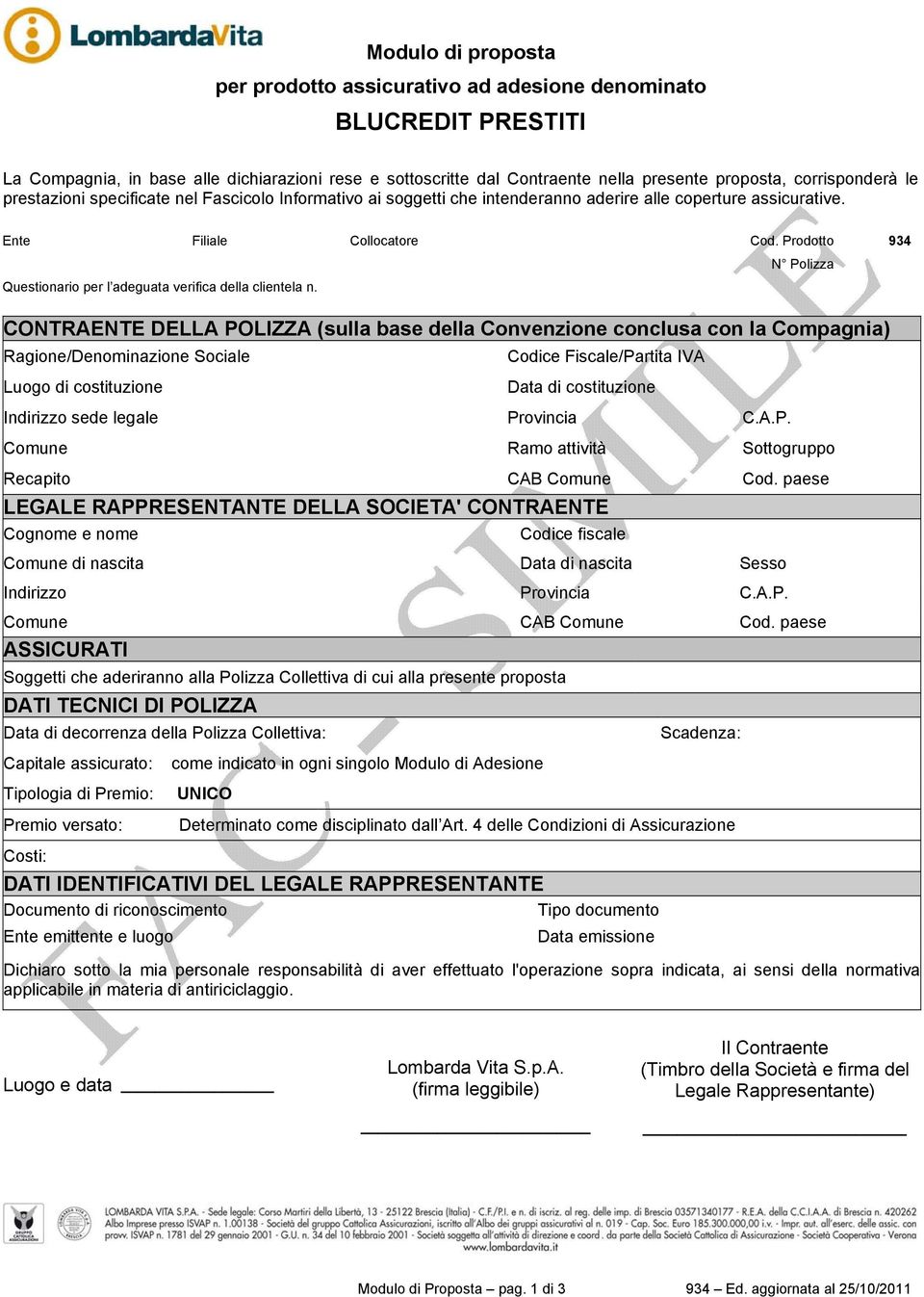 Prodotto 934 N Polizza Questionario per l adeguata verifica della clientela n.